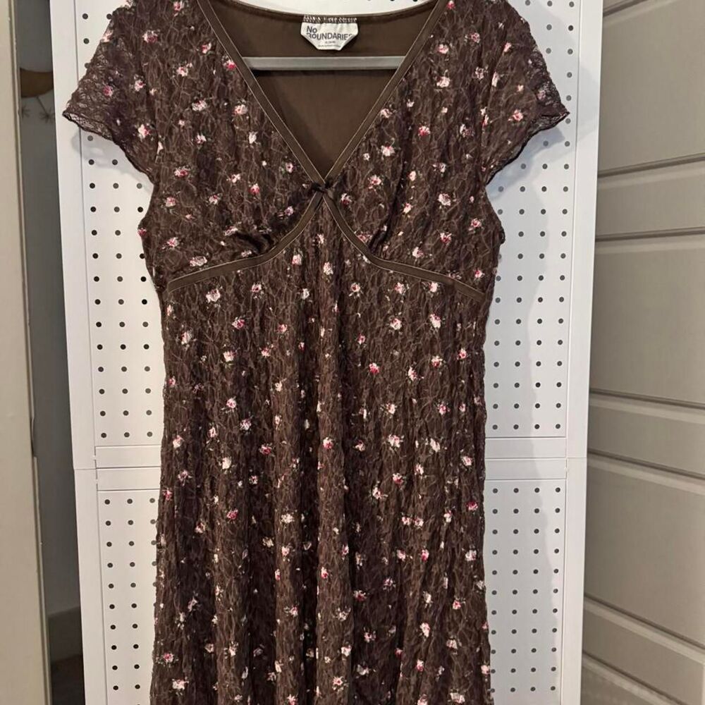 Y2K No Boundaries Brown Floral Lace Dress XL 16/18 Velvet Trim Coquette